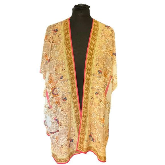 Flying Tomato Pink and Cream Sheer Long Line Duster Kimono Cover Up Size M - Picture 1 of 7